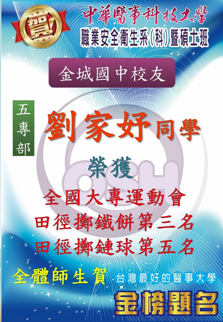 恭喜!!!!!!職安科學生沈育陞、陳佳妤、黃詩雅、劉家妤同學，參加全國大專運動會榮獲眾多獎項-4